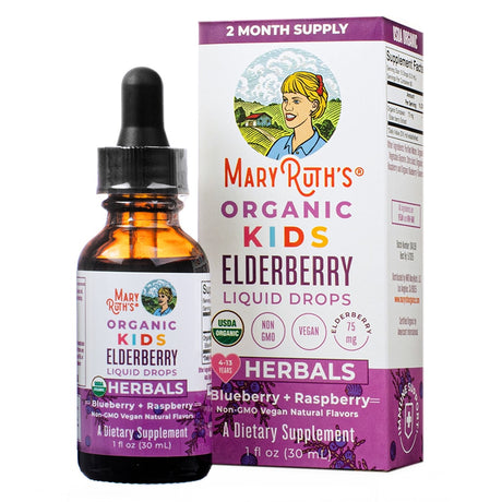 Front of the MaryRuth’s Organic Kids Elderberry Liquid Drops (1 fl oz / 30 mL). Blueberry and raspberry-flavored formula supports immune health with 7.5 mg of elderberry per serving for kids aged 4–13 years. USDA Organic, Non-GMO, and vegan.