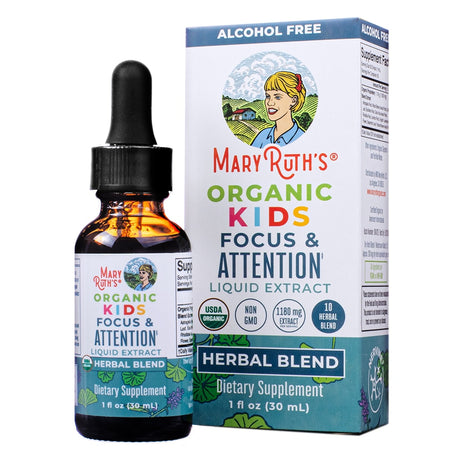 MaryRuth’s Organic Kids Focus & Attention Liquid Extract 1 fl oz (30 mL), featuring an alcohol-free herbal blend with 1,180 mg extract per serving. Designed for focus and attention support, it’s USDA organic, non-GMO, and vegan.