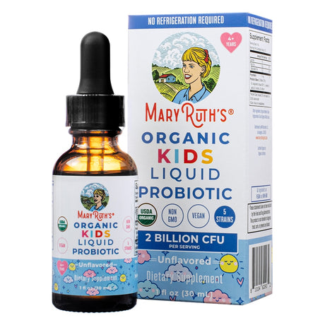 MaryRuth’s Organic Kids Liquid Probiotic 1 fl oz (30 mL), unflavored with 2 billion CFU per serving. This dietary supplement includes five probiotic strains, USDA organic, non-GMO, and vegan-friendly.