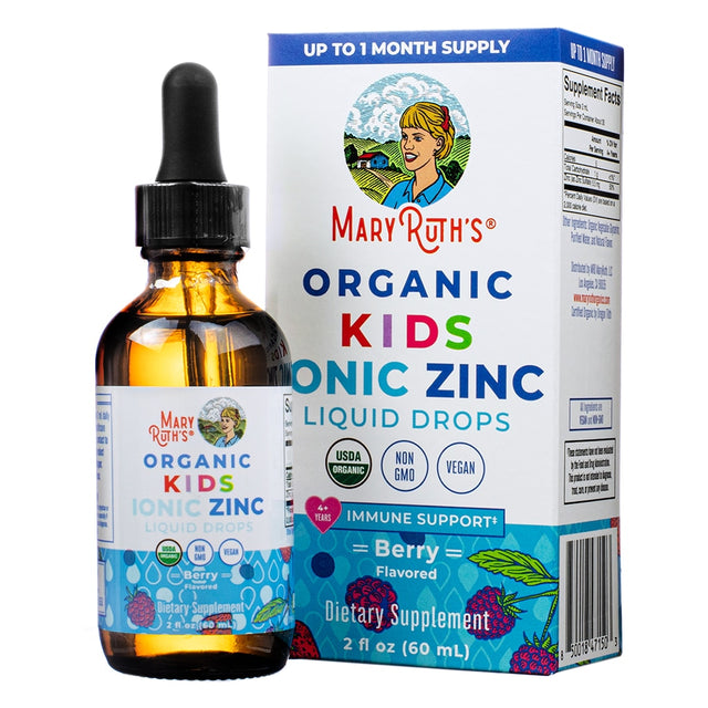 Front of the MaryRuth's Organic Kids Ionic Zinc Liquid Drops 2 fl oz bottle and packaging. Highlights berry flavor, immune support benefits, and certifications including USDA organic, vegan, and non-GMO.