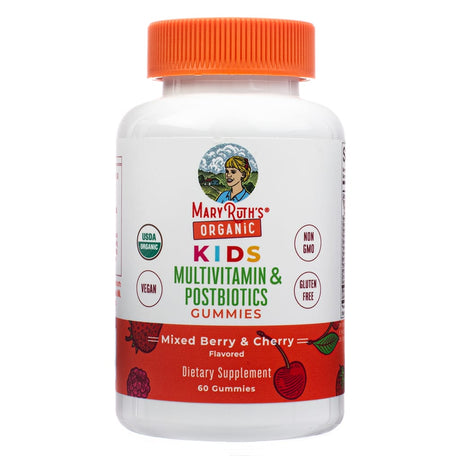 Front of the MaryRuth's Organic Kids Multivitamin & Postbiotics Gummies 60-count bottle, showcasing mixed berry and cherry flavor. Emphasizes USDA organic, non-GMO, and gluten-free certifications, along with dietary supplement branding.