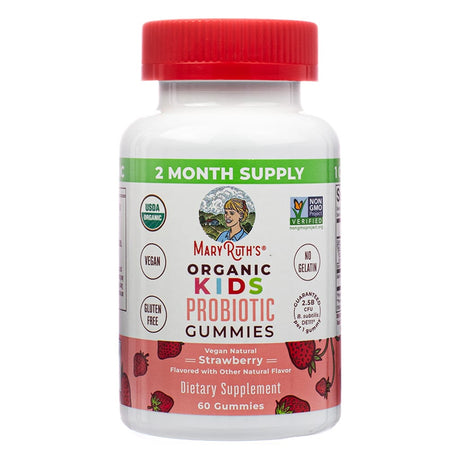 Front of MaryRuth's Organic Kids Probiotic Gummies 60-count, showcasing strawberry flavor with 2.5 billion CFU per serving. These gummies are vegan, gluten-free, and non-GMO, made to support digestive health for children.