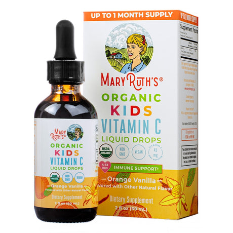 Front of MaryRuth's Organic Kids Vitamin C Liquid Drops 2 fl oz (60 mL), highlighting orange vanilla flavor with immune support for kids aged 4-13. Certified USDA organic, vegan, and non-GMO, it provides 45 mg of Vitamin C per serving.