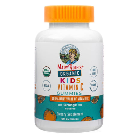 Front of MaryRuth's Organic Kids Vitamin C Gummies 60-count, featuring orange flavor with 100% daily value of Vitamin C. USDA organic, vegan, and non-GMO, these gummies are crafted to support kids' immune health.