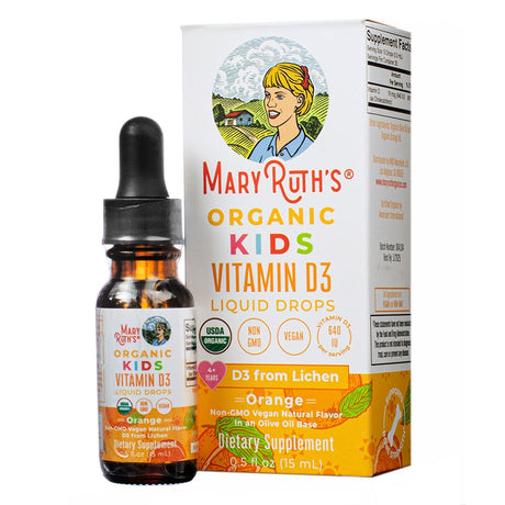 Front of MaryRuth's Organic Kids Vitamin D3 Liquid Drops 0.5 fl oz (15 mL) in orange flavor. Features 640 IU of vitamin D3 from lichen, USDA Organic, vegan, and non-GMO in an olive oil base.