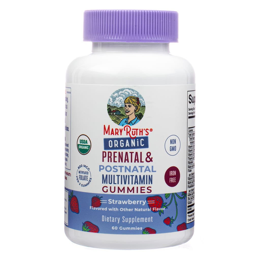 Front of MaryRuth's Organic Prenatal & Postnatal Multivitamin Gummies 60 count in strawberry flavor. Highlights include methylated folate, USDA Organic, non-GMO, and iron-free formula.