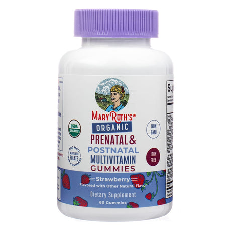 Front of MaryRuth's Organic Prenatal & Postnatal Multivitamin Gummies 60 count in strawberry flavor. Highlights include methylated folate, USDA Organic, non-GMO, and iron-free formula.