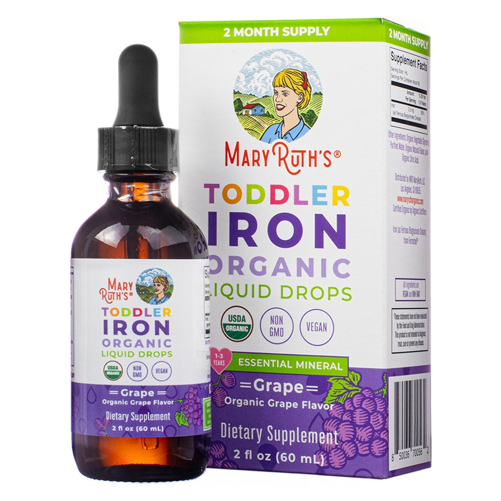 Front of the MaryRuth's Organic Toddler Iron Liquid Drops 2 fl oz bottle and box. Highlights USDA Organic, Non-GMO, and Vegan certifications with grape flavor. Provides an essential mineral boost for toddlers aged 1-3 years.