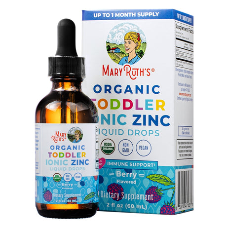 Front of the MaryRuth's Organic Toddler Ionic Zinc Liquid Drops 2 fl oz bottle and box. Showcases USDA Organic, Non-GMO, and Vegan certifications, with berry flavor for immune support. Designed for toddlers aged 1-3 years.