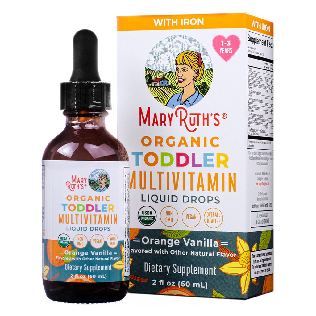 The front of the Mary Ruth's Organic Toddler Multivitamin Liquid Drops with Iron, featuring an orange vanilla flavor. The product is USDA Organic, Non-GMO, Vegan, and supports overall health for toddlers aged 1-3 years. The bottle contains 2 fl oz (60 mL) of dietary supplement.