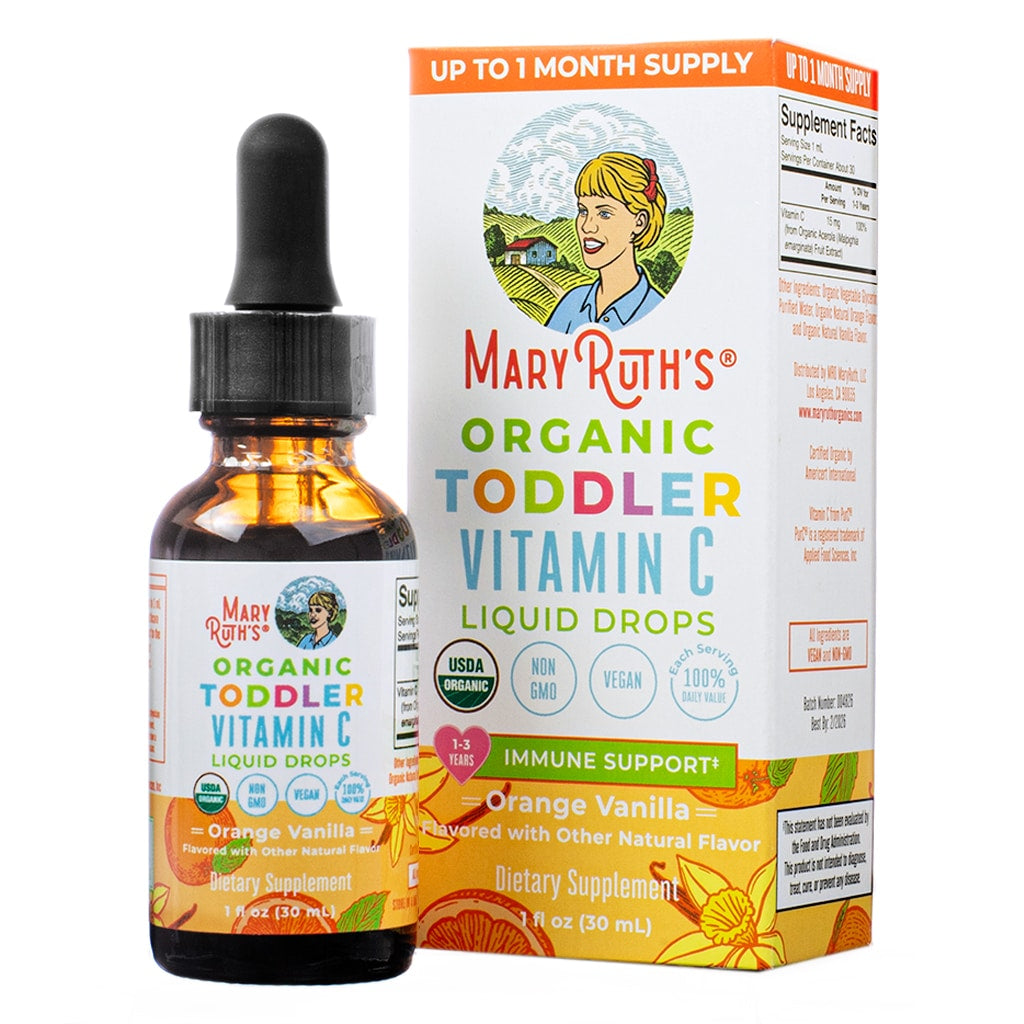 The front of the Mary Ruth's Organic Toddler Vitamin C Liquid Drops in an orange vanilla flavor, designed for immune support for toddlers aged 1-3 years. The product is USDA Organic, Non-GMO, Vegan, and comes in a 1 fl oz (30 mL) bottle for up to a 1-month supply.