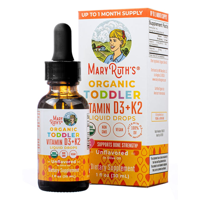 The front of the Mary Ruth's Organic Toddler Vitamin D3 + K2 Liquid Drops, unflavored, designed to support bone strength for toddlers aged 1-3 years. The product is USDA Organic, Non-GMO, Vegan, and comes in a 1 fl oz (30 mL) bottle for up to a 1-month supply.