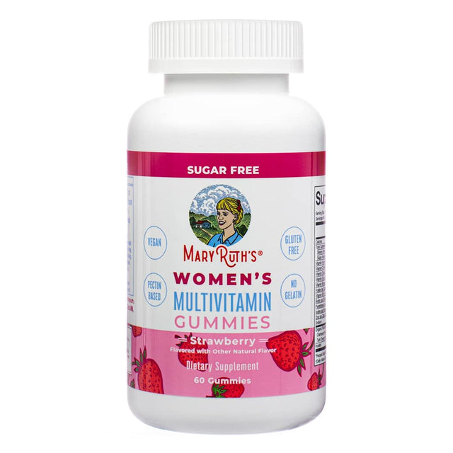 The front of the Mary Ruth's Women's Multivitamin Gummies in strawberry flavor, sugar-free, and formulated with essential nutrients for women. The gummies are vegan, gluten-free, pectin-based, and come in a 60-gummy bottle.