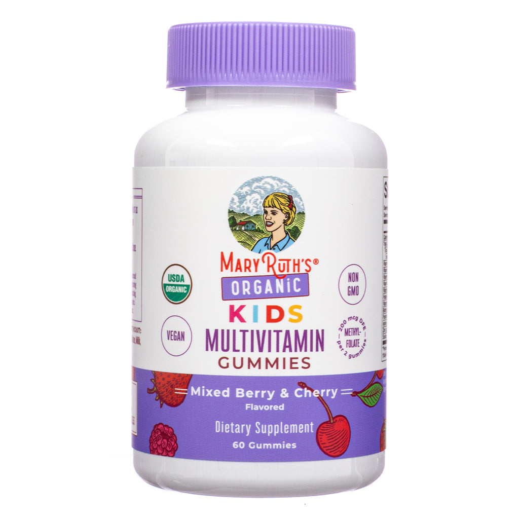 MaryRuth’s Organic Kids Multivitamin Gummies bottle with a purple cap. The label highlights USDA Organic, vegan, and non-GMO certifications. Flavor is mixed berry and cherry, with an illustration of cherries and berries.