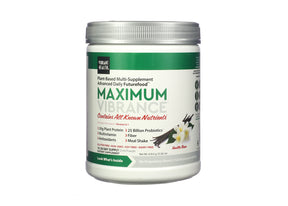 Vibrant Health Maximum Vibrance vanilla powder, white tub with green label, 21.82 oz plant-based multi-supplement