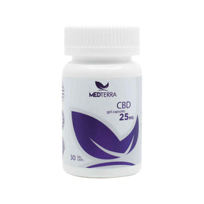 Medterra CBD Gel Capsules 25mg white bottle with purple label, 30 gel caps