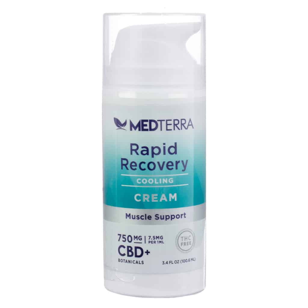 An image of a bottle of Medterra Rapid Recovery Cooling Cream. The product offers muscle support and contains 750 mg of CBD with botanicals, advertised as THC-free. The packaging features a sleek pump design and a gradient teal label highlighting its cooling properties.