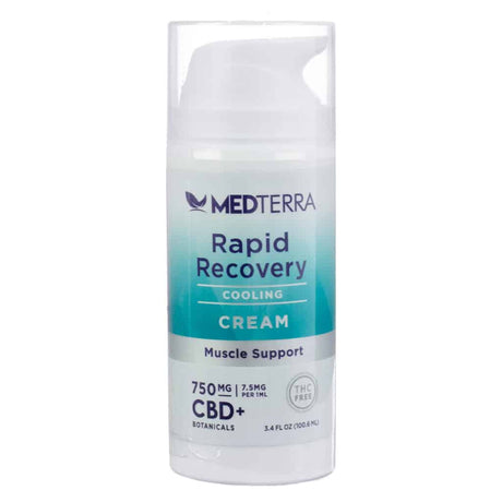 An image of a bottle of Medterra Rapid Recovery Cooling Cream. The product offers muscle support and contains 750 mg of CBD with botanicals, advertised as THC-free. The packaging features a sleek pump design and a gradient teal label highlighting its cooling properties.