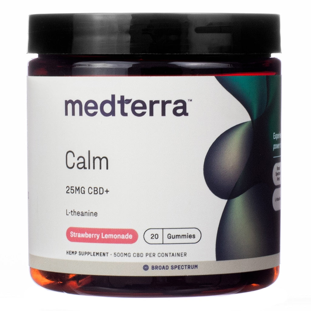 A container of Medterra Calm Strawberry Lemonade CBD gummies. The label highlights 25mg CBD+ with L-theanine per gummy, totaling 500mg per container, and includes 20 broad-spectrum hemp supplement gummies.