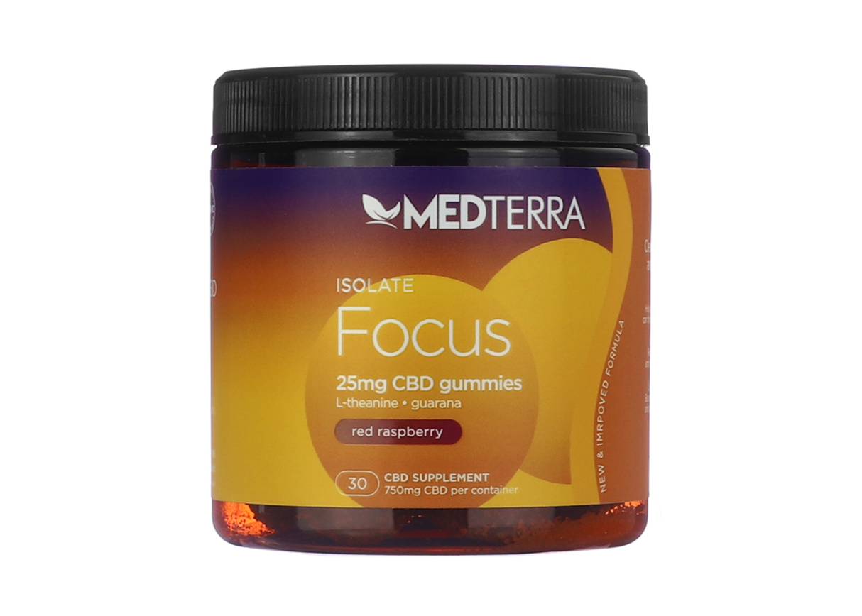 A jar of Medterra Focus CBD gummies with a bright yellow and purple label and black lid. The label highlights 25mg of CBD isolate per gummy with L-theanine and guarana in a red raspberry flavor. The container holds 30 gummies totaling 750mg CBD.