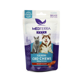Medterra Pets CBD Calming Pet Chews stand-up pouch, white and purple bag with dog and cat, 30 soft chews bacon flavor