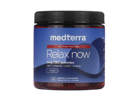 A jar of Medterra Relax Now Fast-Acting Gummies with a blue label and black lid. The label highlights 5mg of CBG per gummy, with ingredients including L-theanine, GABA, and skullcap, in a citrus flavor. The container includes 30 gummies totaling 150mg CBG.