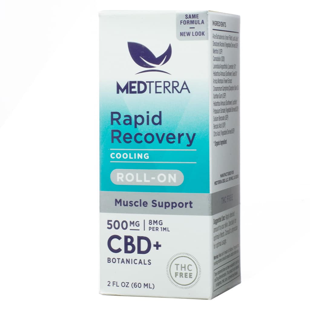 A blue and white box of Medterra Rapid Recovery Roll On 500mg with menthol and arnica 2fl oz and botanicals, designed for muscle support with a cooling effect.