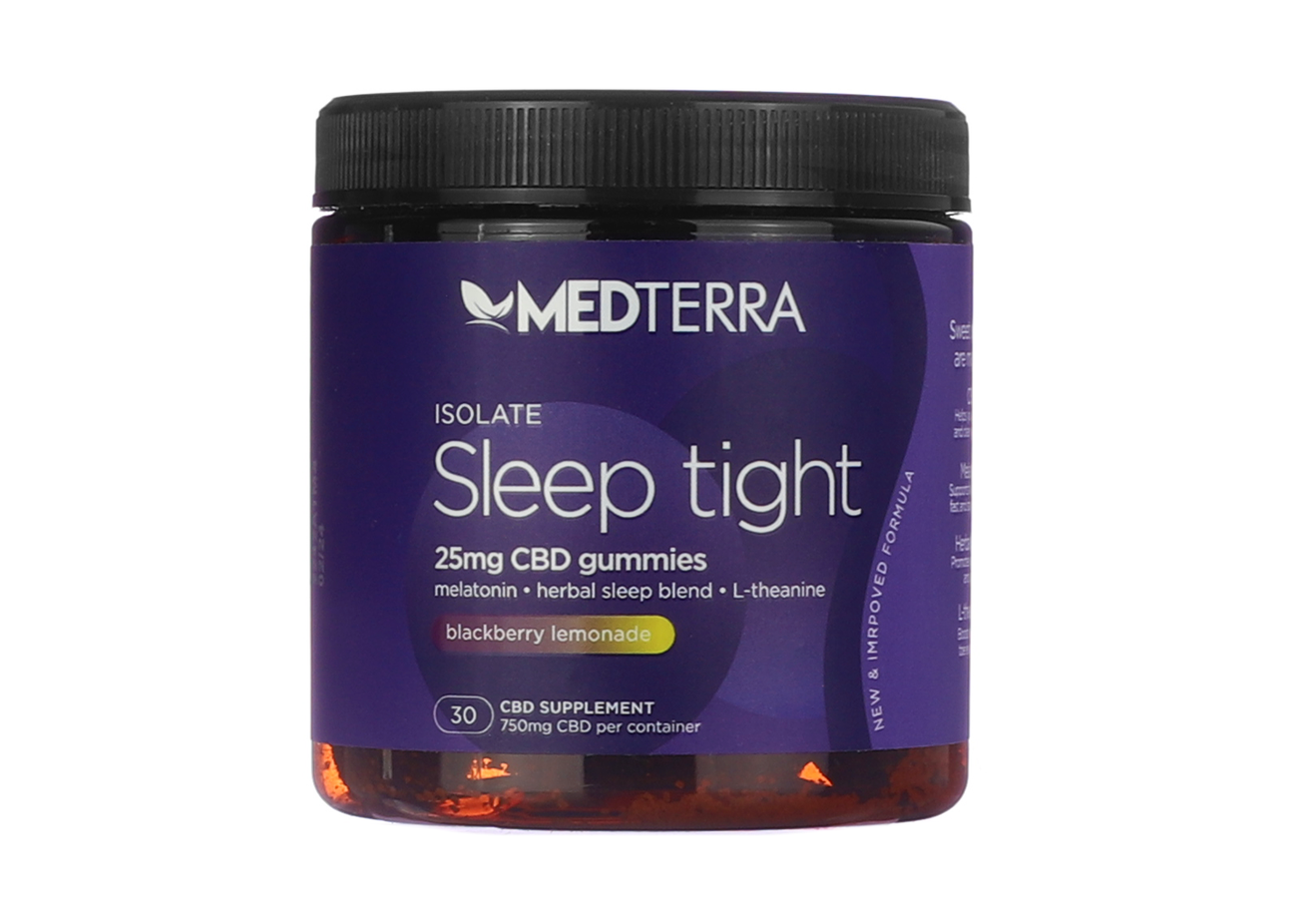 Medterra Sleep Tight CBD gummies jar with dark purple label, black lid, 30 count blackberry lemonade gummies