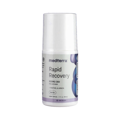 Medterra Rapid Recovery Roll On, front label highlighting targeted topical CBD relief with cooling application for muscle and joint recovery.