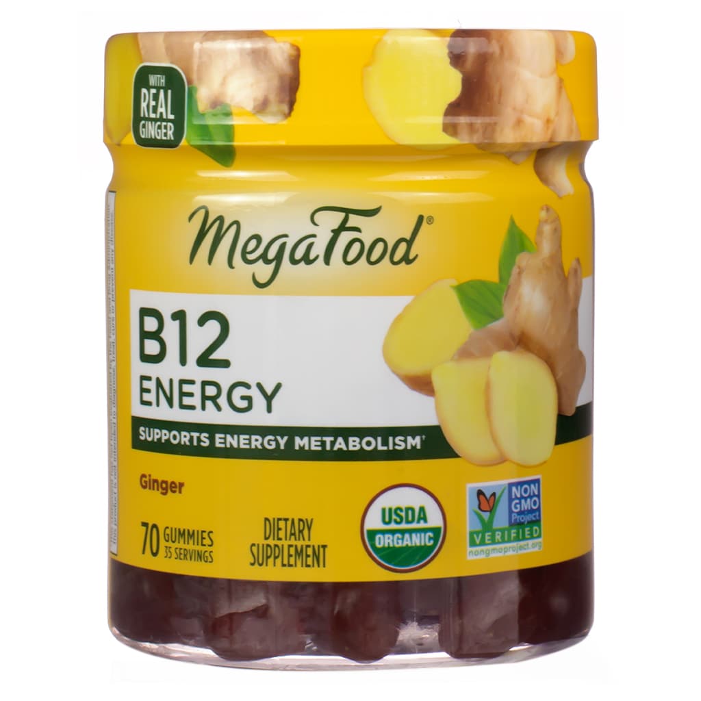 A jar of MegaFood B12 Energy Gummies containing 70 gummies (35 servings). These USDA organic gummies feature a ginger flavor and are designed to support energy metabolism with a non-GMO verified certification.