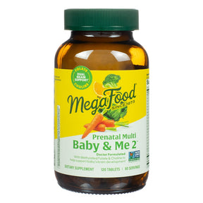 MegaFood Baby & Me 2 Prenatal Multi 120 tablets amber bottle with yellow and white label, green cap
