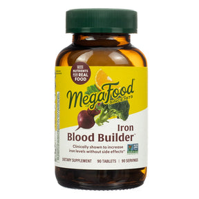 MegaFood Blood Builder iron 90 tablets amber bottle with yellow and white label and green cap