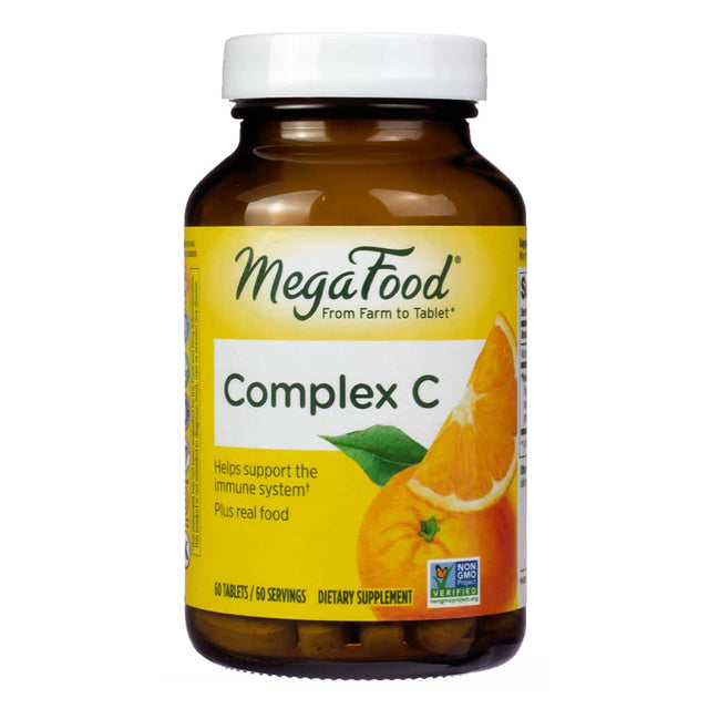 A bottle of MegaFood Complex C containing 60 tablets (60 servings). This dietary supplement supports the immune system with vitamin C and real food ingredients, verified as non-GMO.