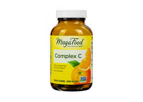 MegaFood Complex C 90 tablets amber bottle with white cap and yellow label featuring orange slice graphic