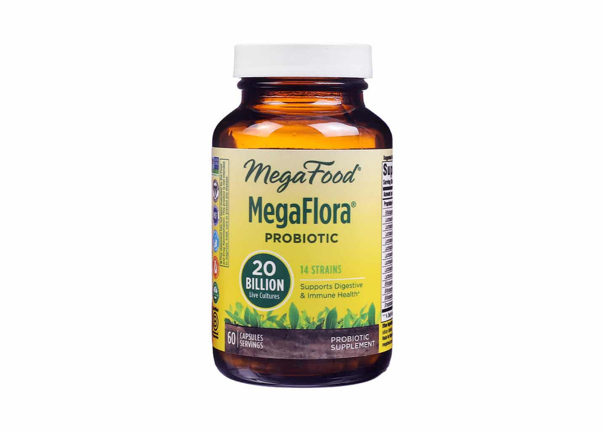 A 60-capsule bottle of MegaFood MegaFlora Probiotic supplement, featuring a yellow label with green accents and the claim "20 Billion Live Cultures." The product supports digestive and immune health with 14 probiotic strains and is shown in a transparent amber bottle. 