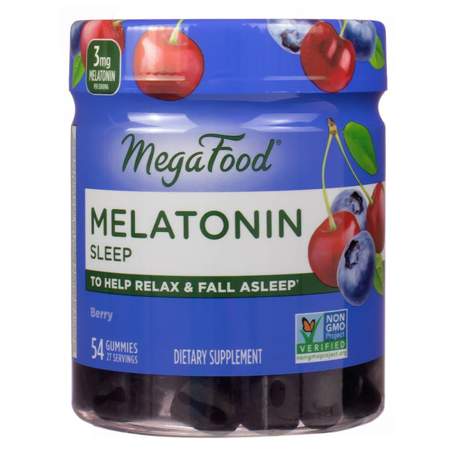 A container of MegaFood Melatonin Berry Gummies, containing 54 gummies. Each gummy offers 3mg of melatonin to promote relaxation and sleep. Designed for 27 servings, these dietary supplements are non-GMO and verified for quality.