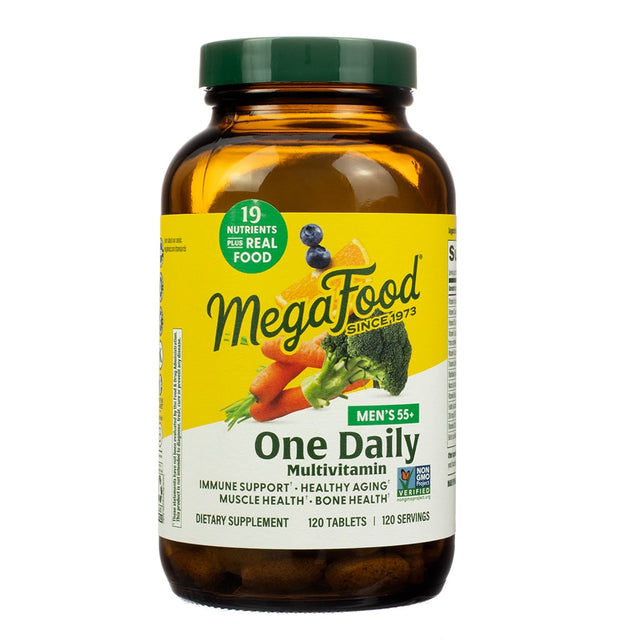 A bottle of MegaFood Men's 55+ One Daily Multivitamin, containing 120 tablets. This dietary supplement supports immune health, muscle health, bone health, and healthy aging, made with 19 nutrients plus real food.