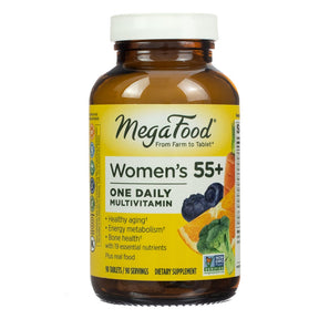 MegaFood Women's 55+ One Daily Multivitamin 90 tablets amber bottle with yellow label and white cap