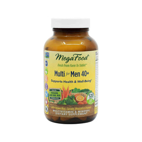 MegaFood Multi for Men 40+ tablets, 120 count amber bottle with white cap and yellow label with vegetables
