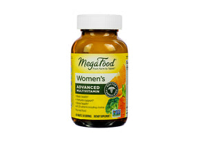 MegaFood Women's Advanced Multivitamin 120 tablets amber bottle with yellow label and white cap