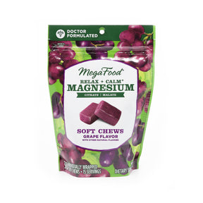 MegaFood Relax + Calm Magnesium Soft Chews grape flavor, 30 count resealable pouch with purple chews and grape graphics