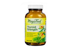 MegaFood Thyroid Strength tablets bottle with white cap and yellow herbal label, 90 tablets