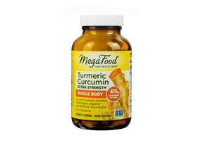 MegaFood Turmeric Curcumin Extra Strength Whole Body 90 tablets amber bottle with yellow label and white cap