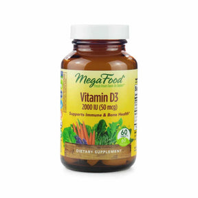 MegaFood Vitamin D3 2000 IU 60 tablets amber bottle with yellow label and white cap