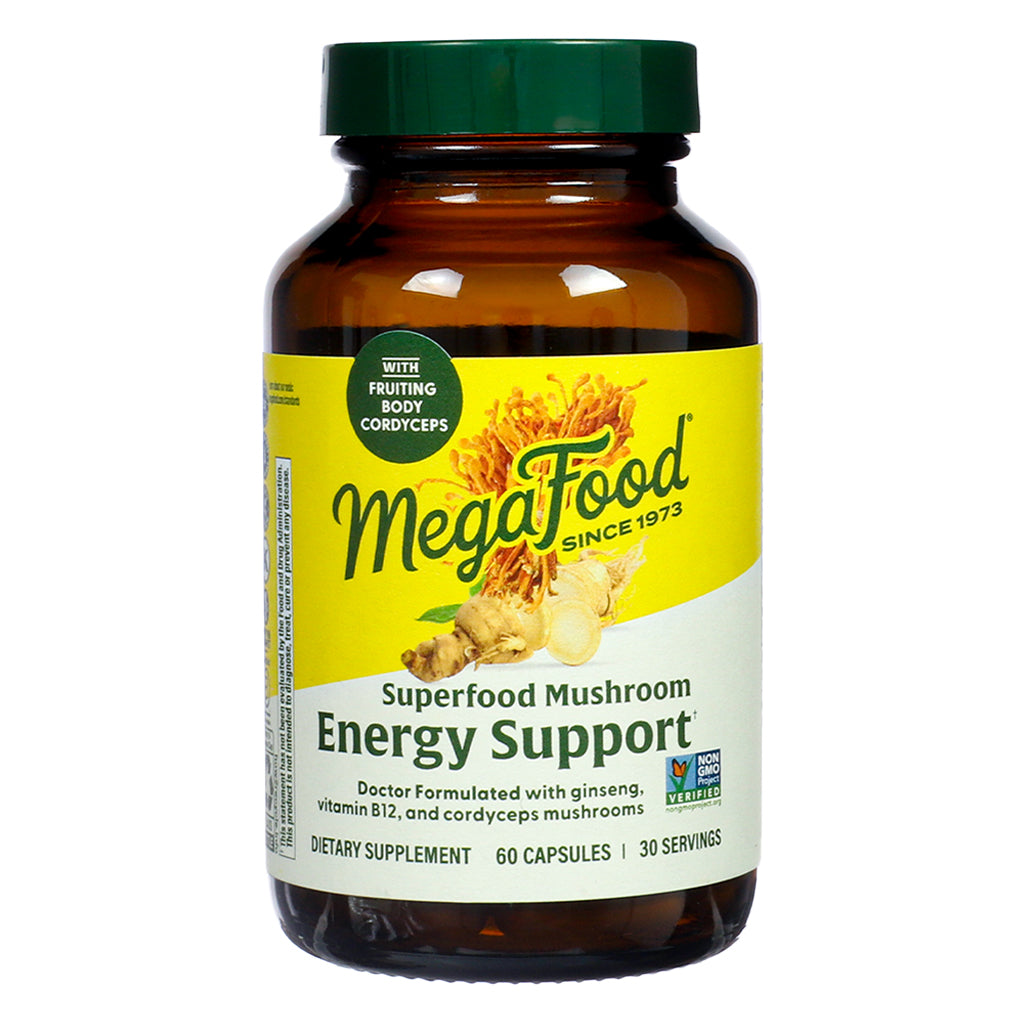 Front label of MegaFood Energy Support, Superfood Mushroom dietary supplement with 60 capsules, featuring cordyceps mushrooms, ginseng, and vitamin B12.