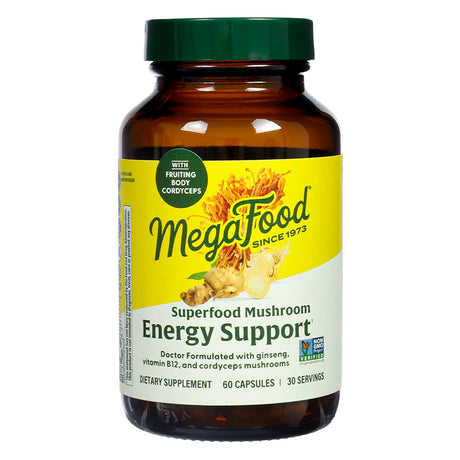 Front label of MegaFood Energy Support, Superfood Mushroom dietary supplement with 60 capsules, featuring cordyceps mushrooms, ginseng, and vitamin B12.