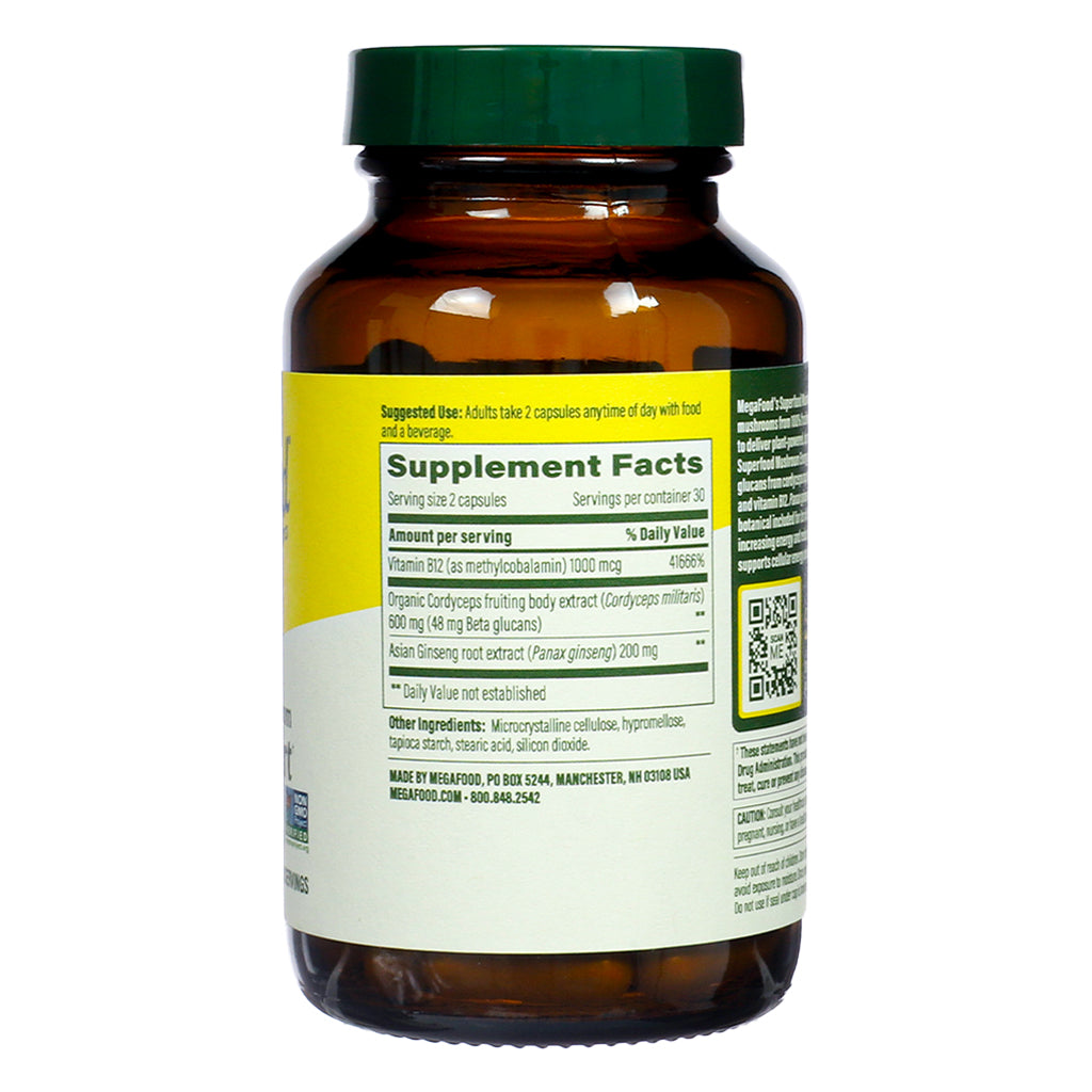 Supplement facts label of MegaFood Energy Support, 60 capsules, showing ingredients such as vitamin B12, cordyceps extract, and Panax ginseng.