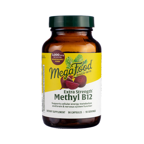 MegaFood Extra Strength Methyl B12 Capsules, front label displaying high-potency B12 supplement for energy, mood, and nervous system support.

