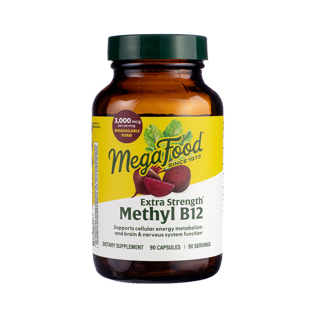 MegaFood Extra Strength Methyl B12 Capsules, front label displaying high-potency B12 supplement for energy, mood, and nervous system support.


