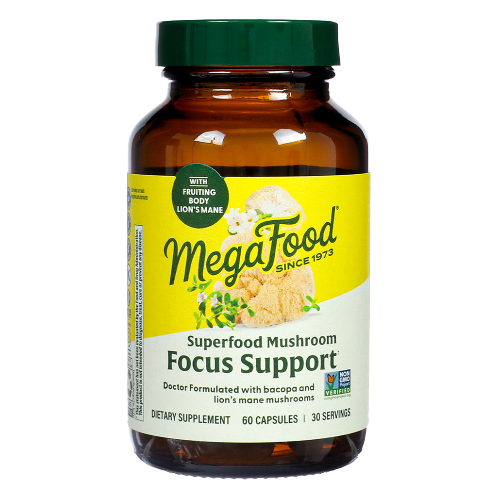 Front label of MegaFood Focus Support, Superfood Mushroom dietary supplement with 60 capsules, featuring lion's mane and bacopa.

